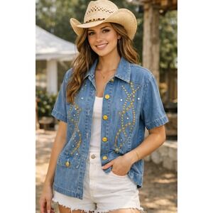 Alexa EM Vintage Denim Studded‎ Shirt Jacket Women's Western Gold Stud Top